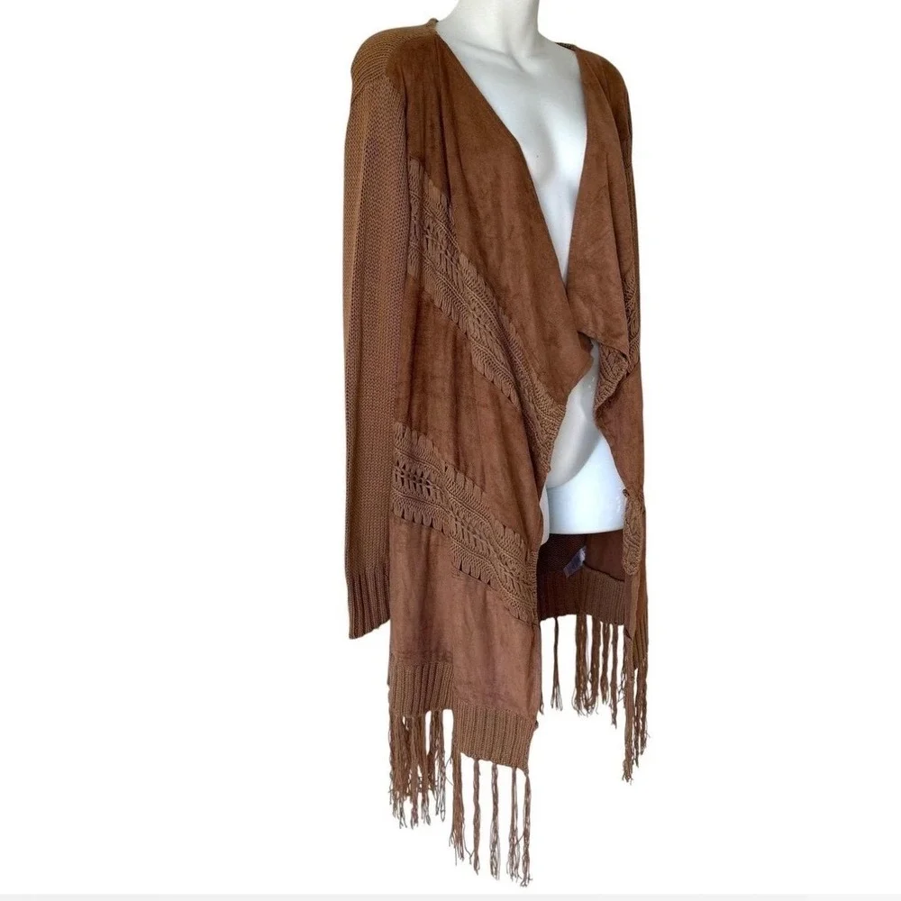 Venus‎ Open Front Cardigan Brown Faux Suede Crochet Fringe Sweater Boho Womens S